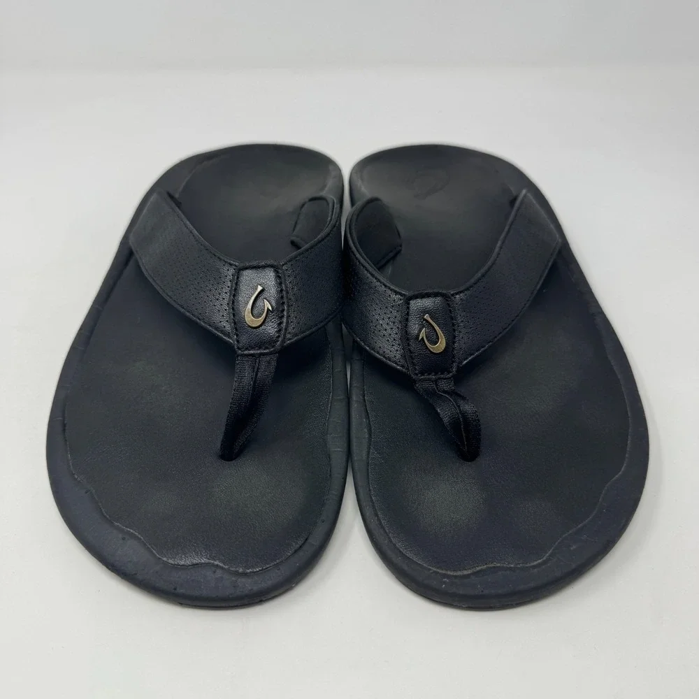 OLUKAI KUPUNA Black Leather Flip Flop Sandals Men's Size US 11